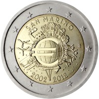 San Marino coin 2 Euro - 10 Years of Euro Cash (2012) obverse obverse of 2 Euro - 10 Years of Euro Cash (2012) coin with KM# 519 from San Marino. Inscription: San Marino A.H. · 2002 2012