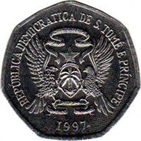 obverse of 2000 Dobras - FAO (1997) coin with KM# 91 from São Tomé and Príncipe. Inscription: REPÚBLICA DEMOCRATICA DE S.TOME E PRINCIPE 1997