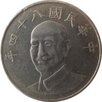 obverse of 10 Yuan (1981 - 2010) coin with Y# 553 from Taiwan. Inscription: 年八十七國民華中