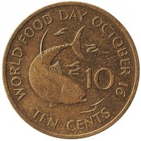 Seychelles coin 10 Cents - FAO (1981) reverse reverse of 10 Cents - FAO (1981) coin with KM# 44 from Seychelles. Inscription: WORLD FOOD DAY OCTOBER 16 10 TEN CENTS
