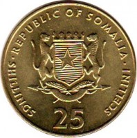 obverse of 25 Shillings - Soccer (2001) coin with KM# 103 from Somalia. Inscription: REPUBLIC OF SOMALIA SHILLINGS 25 SCELLINI