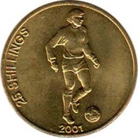 reverse of 25 Shillings - Soccer (2001) coin with KM# 103 from Somalia. Inscription: 25 SHILLINGS 2001