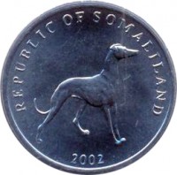 obverse of 20 Shillings (2002) coin with KM# 6 from Somaliland. Inscription: REPUBLIC OF SOMALILAND 2002