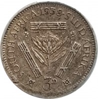 South Africa coin 3 Pence - George VI (1937 - 1947) reverse reverse of 3 Pence - George VI (1937 - 1947) coin with KM# 26 from South Africa. Inscription: SOUTH · AFRICA · 1942 · SUID · AFRICA 3D.