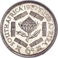 reverse of 6 Pence - George VI (1937 - 1947) coin with KM# 27 from South Africa. Inscription: SOUTH · AFRICA · 1937 · SUID · AFRICA 6D.