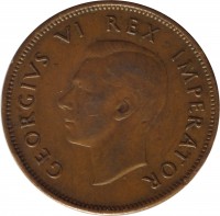 South Africa coin 1/2 Penny - George VI (1937 - 1947) obverse obverse of 1/2 Penny - George VI (1937 - 1947) coin with KM# 24 from South Africa. Inscription: GEORGIVS VI REX IMPERATOR