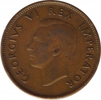 obverse of 1/2 Penny - George VI (1937 - 1947) coin with KM# 24 from South Africa. Inscription: GEORGIVS VI REX IMPERATOR