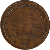 reverse of 1/2 Penny - George VI (1937 - 1947) coin with KM# 24 from South Africa. Inscription: SOUTH · AFRICA · 1942 · SUID · AFRIKA 1/2D