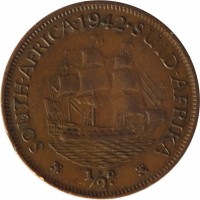 South Africa coin 1/2 Penny - George VI (1937 - 1947) reverse reverse of 1/2 Penny - George VI (1937 - 1947) coin with KM# 24 from South Africa. Inscription: SOUTH · AFRICA · 1942 · SUID · AFRIKA 1/2D