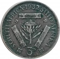 reverse of 3 Pence - George V - SUID-AFRIKA 3D (1931 - 1936) coin with KM# 15.2 from South Africa. Inscription: SOUTH AFRICA · 1932 · SUID AFRIKA 3D