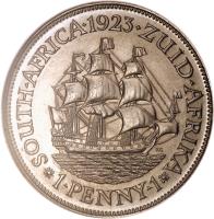 South Africa coin 1 Penny - George V (1923 - 1936) reverse reverse of 1 Penny - George V (1923 - 1936) coin with KM# 14 from South Africa. Inscription: SOUTH · AFRICA · 1923 · ZUID · AFRIKA *1 · PENNY · 1*