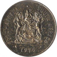 obverse of 1 Rand - SUID AFRIKA - SOUTH AFRICA (1970 - 1990) coin with KM# 88 from South Africa. Inscription: SUID-AFRIKA · SOUTH AFRICA EX UNITATE VIRES 1977 T.S.