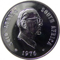 obverse of 20 Cents - Jacobus J. Fouché (1976) coin with KM# 95 from South Africa. Inscription: SUID-AFRIKA SOUTH AFRICA 1976 J.B.