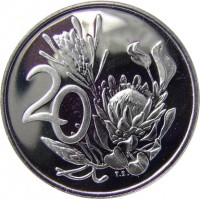 South Africa coin 20 Cents - Jacobus J. Fouché (1976) reverse reverse of 20 Cents - Jacobus J. Fouché (1976) coin with KM# 95 from South Africa. Inscription: 20 T.S.