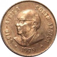 obverse of 1 Cent - Nicolaas J. Diederichs (1979) coin with KM# 98 from South Africa. Inscription: SUID-AFRIKA SOUTH AFRICA 1979 LDL