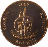 Vanuatu coin 1 Vatu (1983 - 2002) obverse obverse of 1 Vatu (1983 - 2002) coin with KM# 3 from Vanuatu. Inscription: RIPABLIK BLONG VANUATU 1999 LONG GOD YUMI STANAP