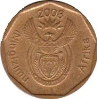 obverse of 10 Cents - ININGIZIMU AFRIKA (2008) coin with KM# 441 from South Africa. Inscription: iNingizimu Afrika 2008 ALS