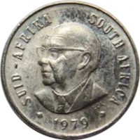 obverse of 5 Cents - Nicolaas J. Diederichs (1979) coin with KM# 100 from South Africa. Inscription: SUID-AFRIKA SOUTH AFRICA 1979 LDL