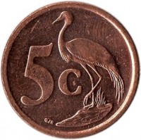 reverse of 5 Cents - ISEWULA AFRIKA (2010) coin with KM# 493 from South Africa. Inscription: 5c GJR