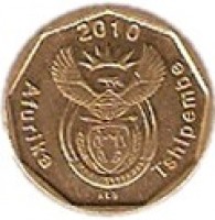 obverse of 10 Cents - AFURIKA TSHIPEMBE (2010 - 2013) coin with KM# 494 from South Africa. Inscription: 2010 Afurika Tshipembe ALS