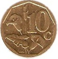 South Africa coin 10 Cents - AFURIKA TSHIPEMBE (2010 - 2013) reverse reverse of 10 Cents - AFURIKA TSHIPEMBE (2010 - 2013) coin with KM# 494 from South Africa. Inscription: 10c RCM