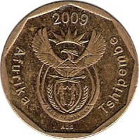 obverse of 20 Cents - AFURIKA TSHIPEMBE (2009) coin with KM# 466 from South Africa. Inscription: 2009 Afurika Tshipembe ALS