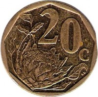 South Africa coin 20 Cents - AFURIKA TSHIPEMBE (2009) reverse reverse of 20 Cents - AFURIKA TSHIPEMBE (2009) coin with KM# 466 from South Africa. Inscription: 20c SE