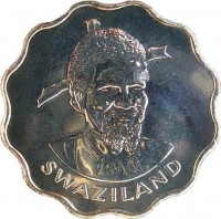 obverse of 20 Cents - Sobhuza II (1974 - 1979) coin with KM# 11 from Swaziland. Inscription: SWAZILAND
