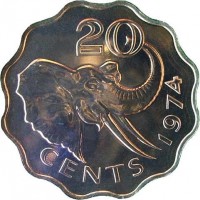 Swaziland coin 20 Cents - Sobhuza II (1974 - 1979) reverse reverse of 20 Cents - Sobhuza II (1974 - 1979) coin with KM# 11 from Swaziland. Inscription: 20 CENTS 1974