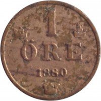 reverse of 1 Öre - Oscar II - Large letters (1879 - 1905) coin with KM# 750 from Sweden. Inscription: 1 ØRE 1882