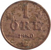 Sweden coin 1 Öre - Oscar II - Large letters (1879 - 1905) reverse reverse of 1 Öre - Oscar II - Large letters (1879 - 1905) coin with KM# 750 from Sweden. Inscription: 1 ØRE 1882