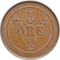reverse of 5 Öre - Oscar II - Small letters (1874 - 1889) coin with KM# 736 from Sweden. Inscription: 5 ØRE 1875