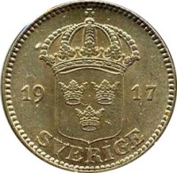 obverse of 25 Öre - Gustaf V (1910 - 1941) coin with KM# 785 from Sweden. Inscription: SVERIGE 1941