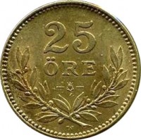 reverse of 25 Öre - Gustaf V (1910 - 1941) coin with KM# 785 from Sweden. Inscription: 25 ÖRE G