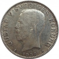 obverse of 1 Krona - Gustaf V (1910 - 1942) coin with KM# 786 from Sweden. Inscription: GUSTAV V SVERIGES KONUNG 1939 G