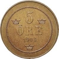 reverse of 5 Öre - Oscar II (1906 - 1907) coin with KM# 770 from Sweden. Inscription: 5 ØRE 1907