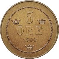 Sweden coin 5 Öre - Oscar II (1906 - 1907) reverse reverse of 5 Öre - Oscar II (1906 - 1907) coin with KM# 770 from Sweden. Inscription: 5 ØRE 1907