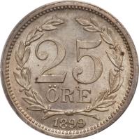 reverse of 25 Öre - Oscar II - Large letters (1874 - 1905) coin with KM# 739 from Sweden. Inscription: 25 · RE 1899