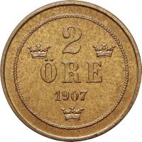 reverse of 2 Öre - Oscar II (1906 - 1907) coin with KM# 769 from Sweden. Inscription: 2 · RE 1907
