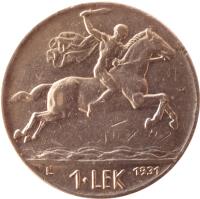 reverse of 1 Lek - Zog I (1926 - 1931) coin with KM# 5 from Albania. Inscription: V 1 · LEK 1931