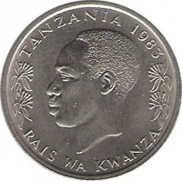 obverse of 50 Senti (1966 - 1984) coin with KM# 3 from Tanzania. Inscription: TANZANIA 1983 RAIS WA KWANZA