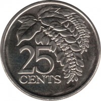 reverse of 25 Cents (1976 - 2014) coin with KM# 32 from Trinidad and Tobago. Inscription: 25 CENTS
