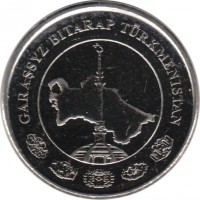 Turkmenistan coin 1 Teňňe (2009) obverse obverse of 1 Teňňe (2009) coin with KM# 95 from Turkmenistan. Inscription: GARAŞSYZ BITARAP T · RKMENISTAN