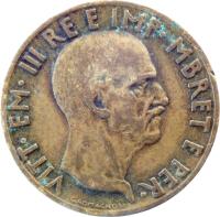 Albania coin 0.05 Lek - Vittorio Emanuele III (1940 - 1941) obverse obverse of 0.05 Lek - Vittorio Emanuele III (1940 - 1941) coin with KM# 27 from Albania. Inscription: VITT · EM · III RE E IMP · MBRET E PER ·