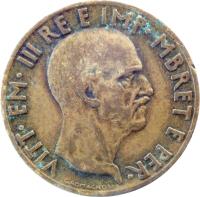 obverse of 0.05 Lek - Vittorio Emanuele III (1940 - 1941) coin with KM# 27 from Albania. Inscription: VITT · EM · III RE E IMP · MBRET E PER ·