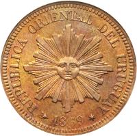 Uruguay coin 2 Centésimos (1869) obverse obverse of 2 Centésimos (1869) coin with KM# 12 from Uruguay. Inscription: REPUBLICA ORIENTAL DEL URUGUAY 1869