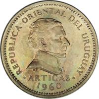 obverse of 1 Peso (1960) coin with KM# 42 from Uruguay. Inscription: REPUBLICA ORIENTAL DEL URUGUAY ARTIGAS 1960