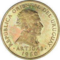 obverse of 10 Centésimos (1960) coin with KM# 39 from Uruguay. Inscription: REPUBLICA ORIENTAL DEL URUGUAY ARTIGAS 1960