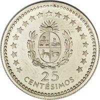 Uruguay coin 25 Centésimos (1960) reverse reverse of 25 Centésimos (1960) coin with KM# 40 from Uruguay. Inscription: 25 CENT · SIMOS