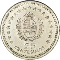 reverse of 25 Centésimos (1960) coin with KM# 40 from Uruguay. Inscription: 25 CENT · SIMOS